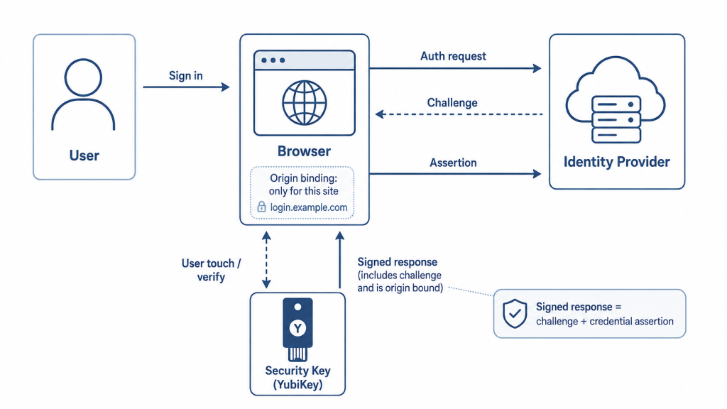 Diagram cara kerja YubiKey dengan FIDO2 dan WebAuthn untuk login enterprise