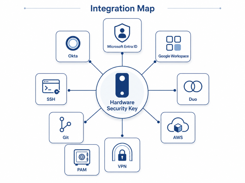 Peta integrasi YubiKey dengan identity provider dan aplikasi enterprise