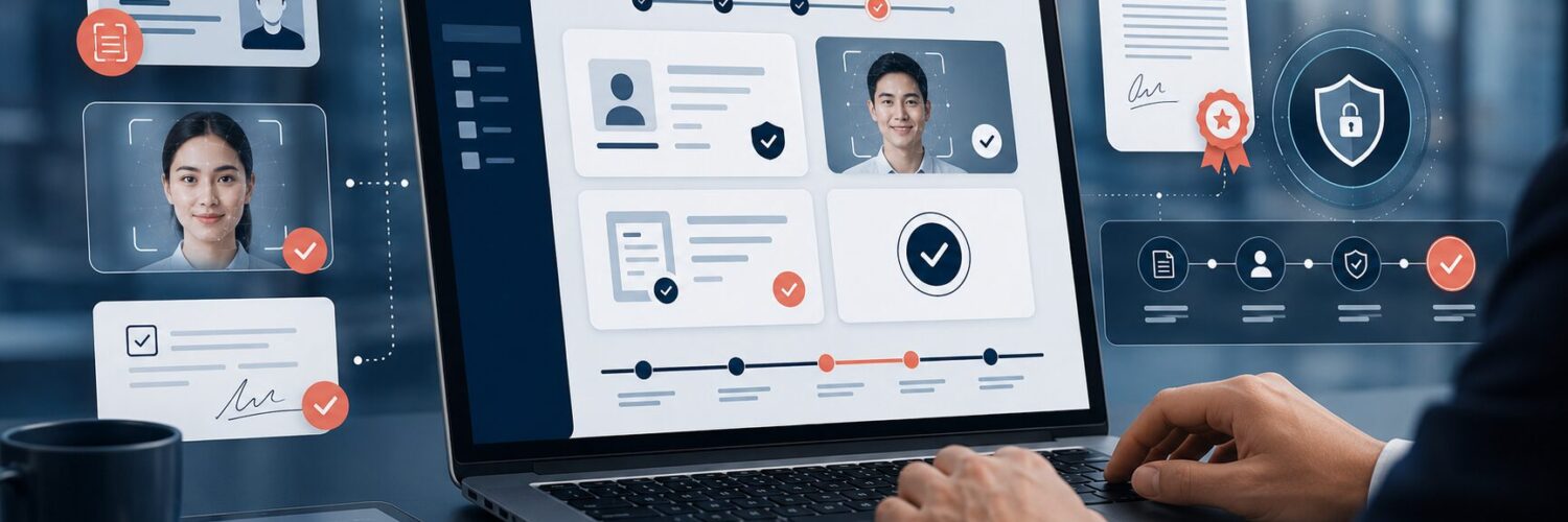 Ilustrasi e-KYC nasabah bank dengan verifikasi identitas, consent, dan tanda tangan digital tersertifikasi