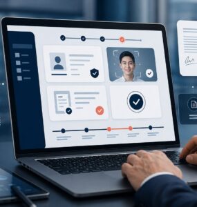Ilustrasi e-KYC nasabah bank dengan verifikasi identitas, consent, dan tanda tangan digital tersertifikasi