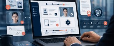 Ilustrasi e-KYC nasabah bank dengan verifikasi identitas, consent, dan tanda tangan digital tersertifikasi