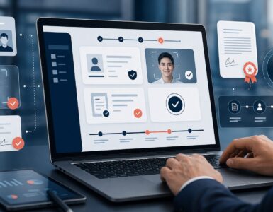Cara Bank Menggunakan Tanda Tangan Digital untuk e-KYC Nasabah 2 Ilustrasi e-KYC nasabah bank dengan verifikasi identitas, consent, dan tanda tangan digital tersertifikasi
