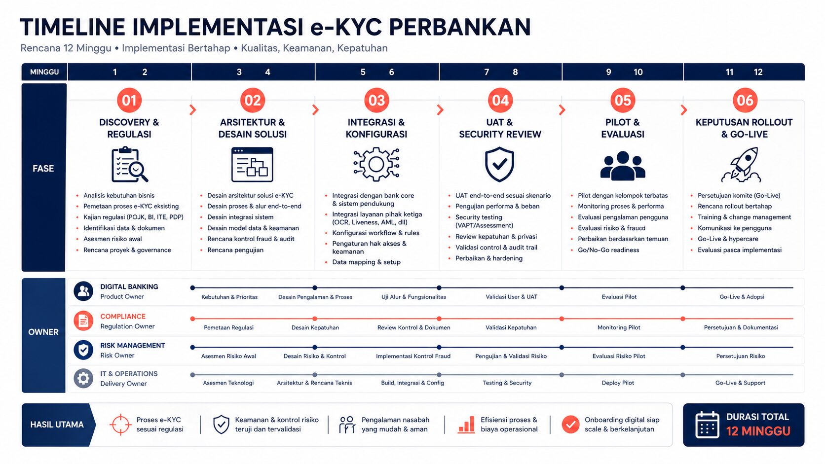 Timeline implementasi e-KYC nasabah bank dari discovery hingga rollout