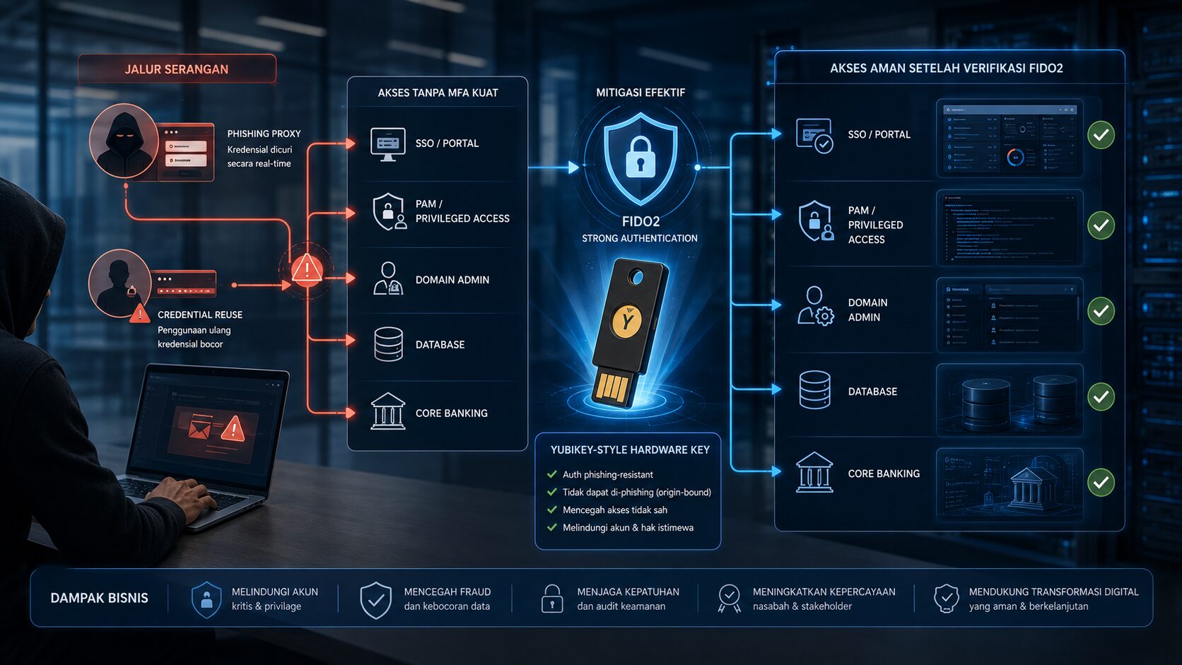 Flow credential theft pada admin privileged di bank dengan mitigasi YubiKey FIDO2