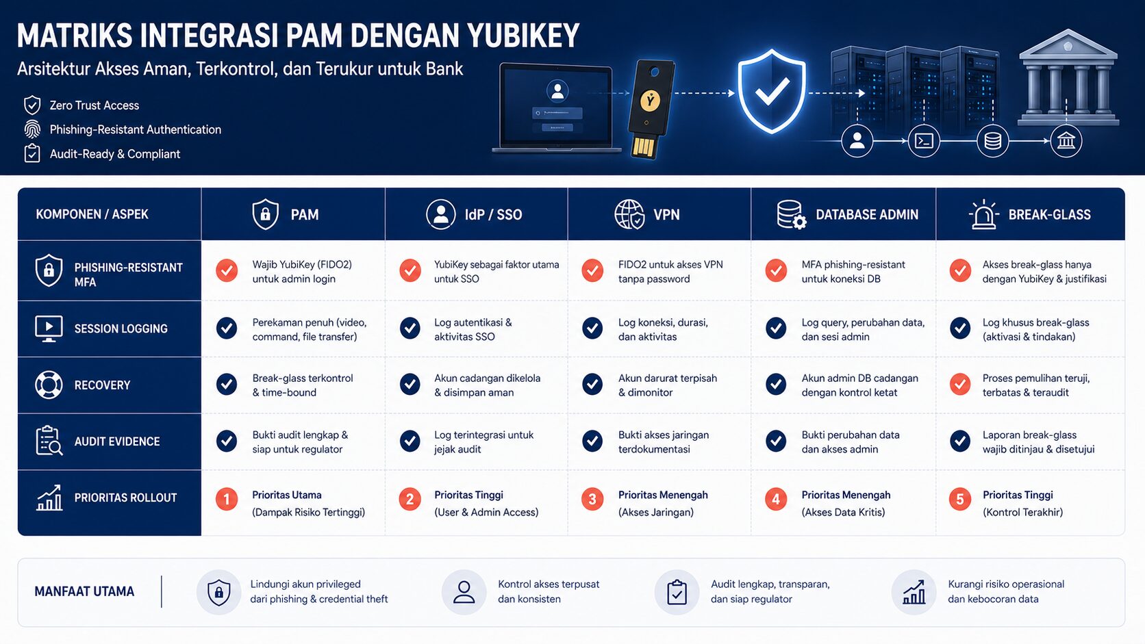 Matrix integrasi YubiKey dan PAM bank untuk admin MFA hardware