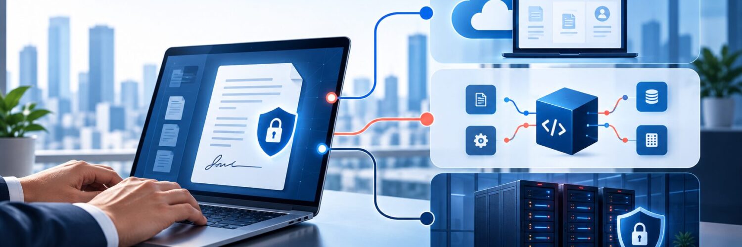 Ilustrasi tilaka deployment Portal, API, dan On-Premise untuk keputusan arsitektur bisnis.