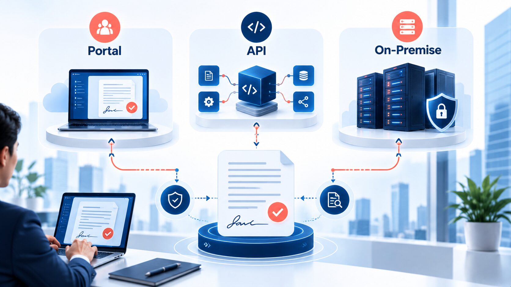Diagram tilaka deployment yang membandingkan Portal, API, dan On-Premise untuk bisnis.