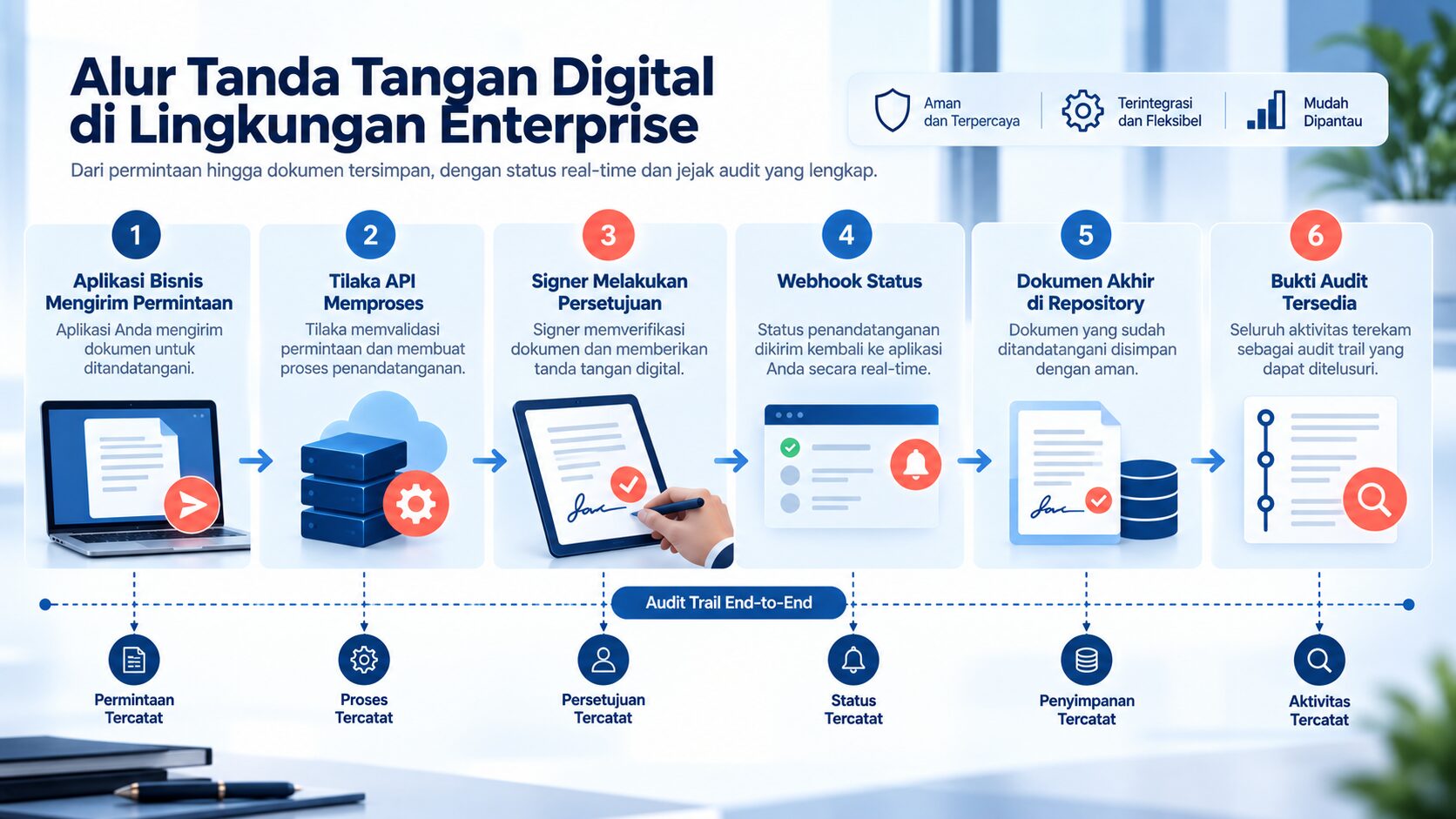 Alur tilaka deployment API dari aplikasi bisnis ke webhook, dokumen final, dan audit evidence.