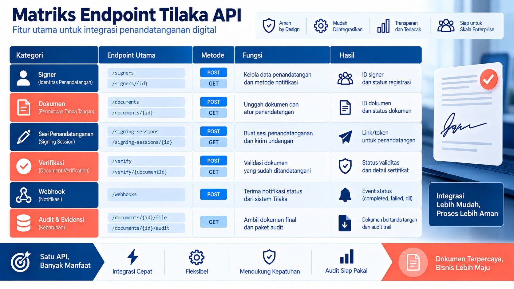 matriks endpoint Tilaka API untuk signer dokumen dan audit