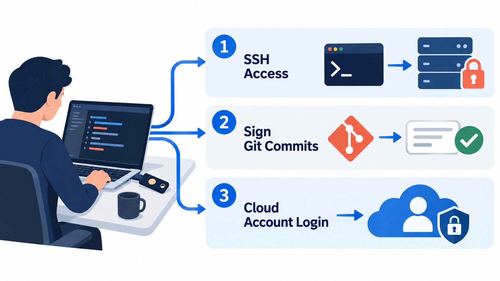 Tiga Jalur Akses Developer YubiKey untuk Developer pada alur SSH, Git signing, dan cloud.