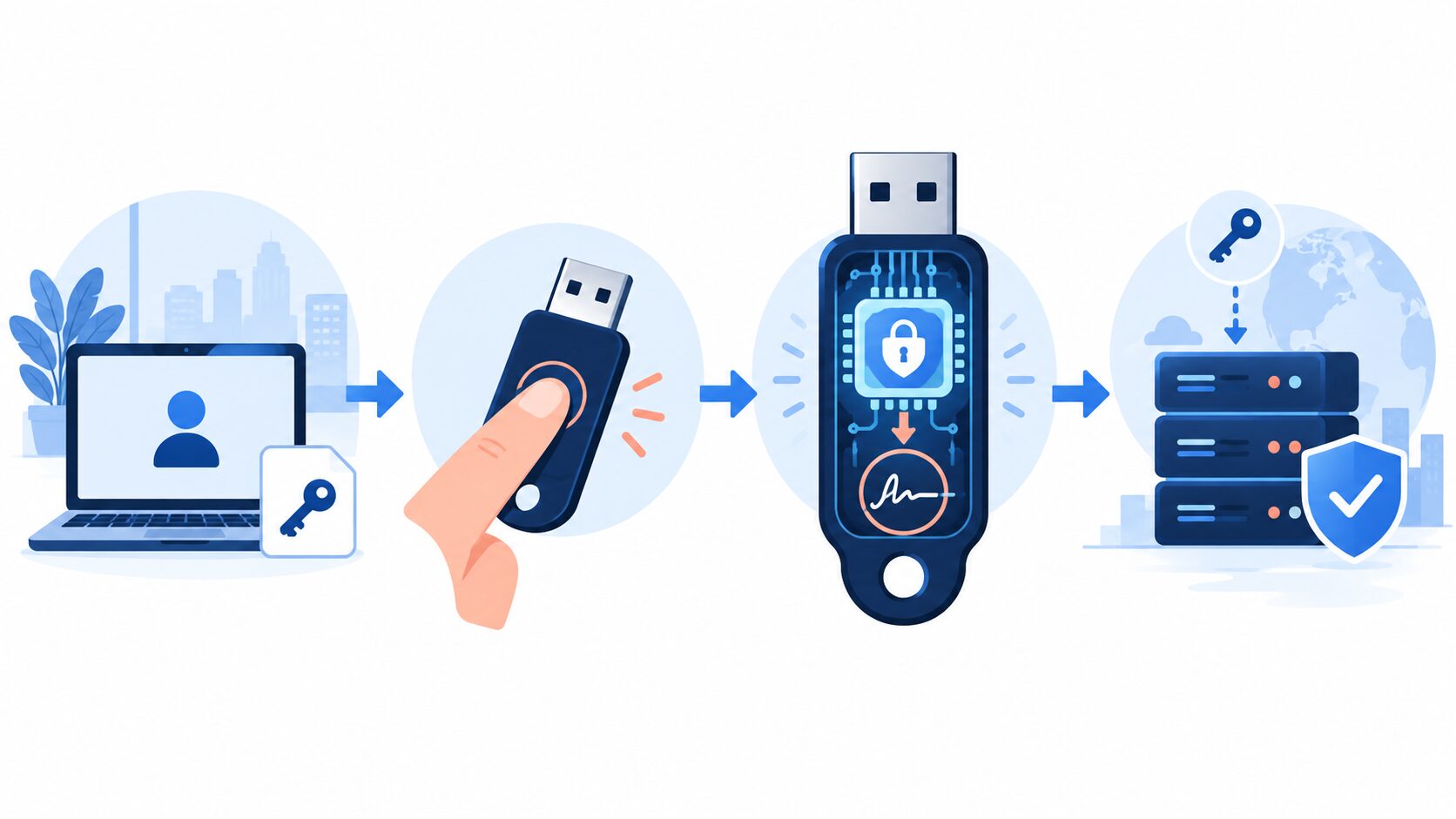 Alur FIDO2 SSH Alur FIDO2 SSH dengan YubiKey dari workstation menuju server.